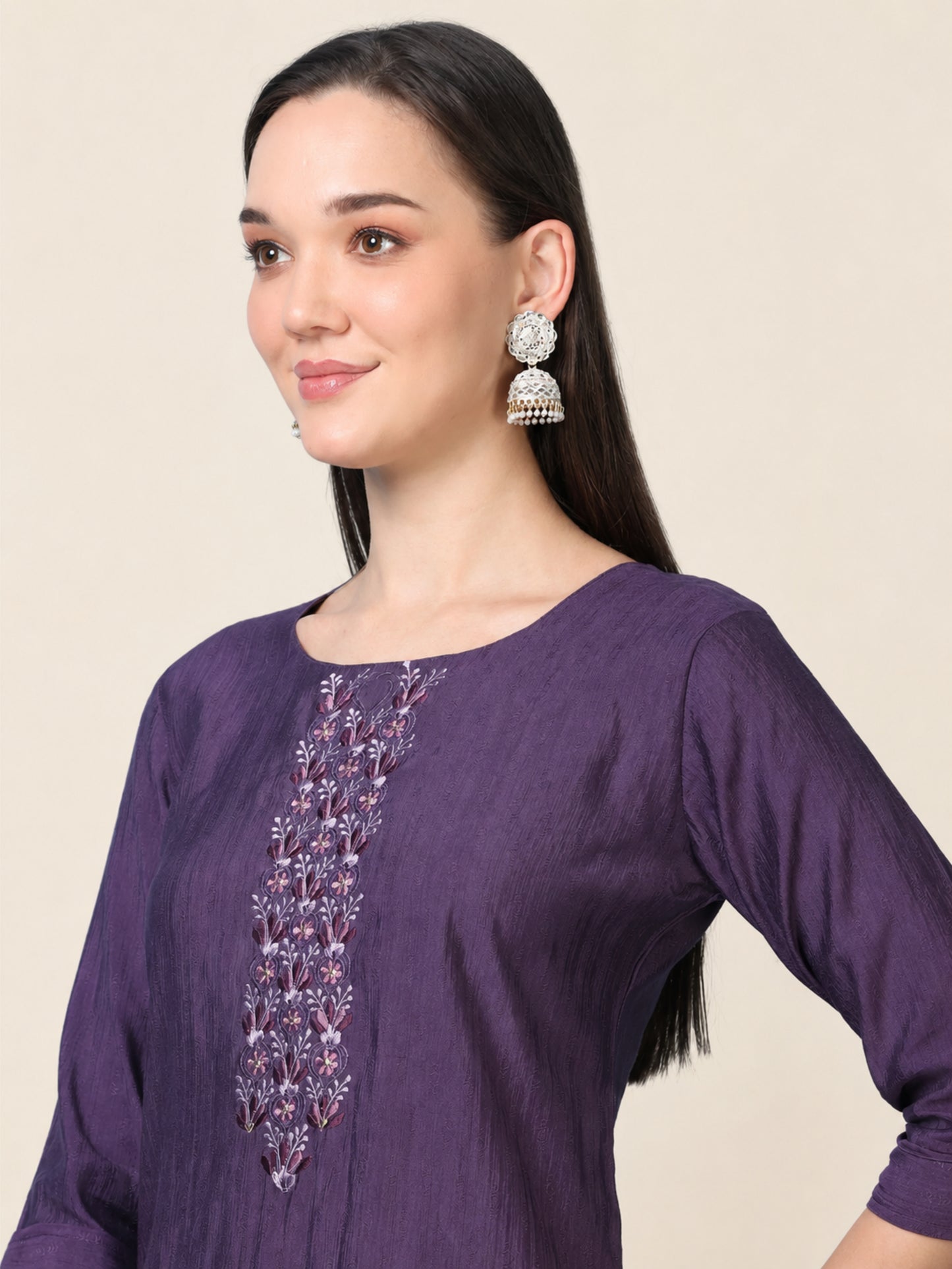 Wine Whisper – Embroidered Cotton Straight Kurti (1JD-7-A9)