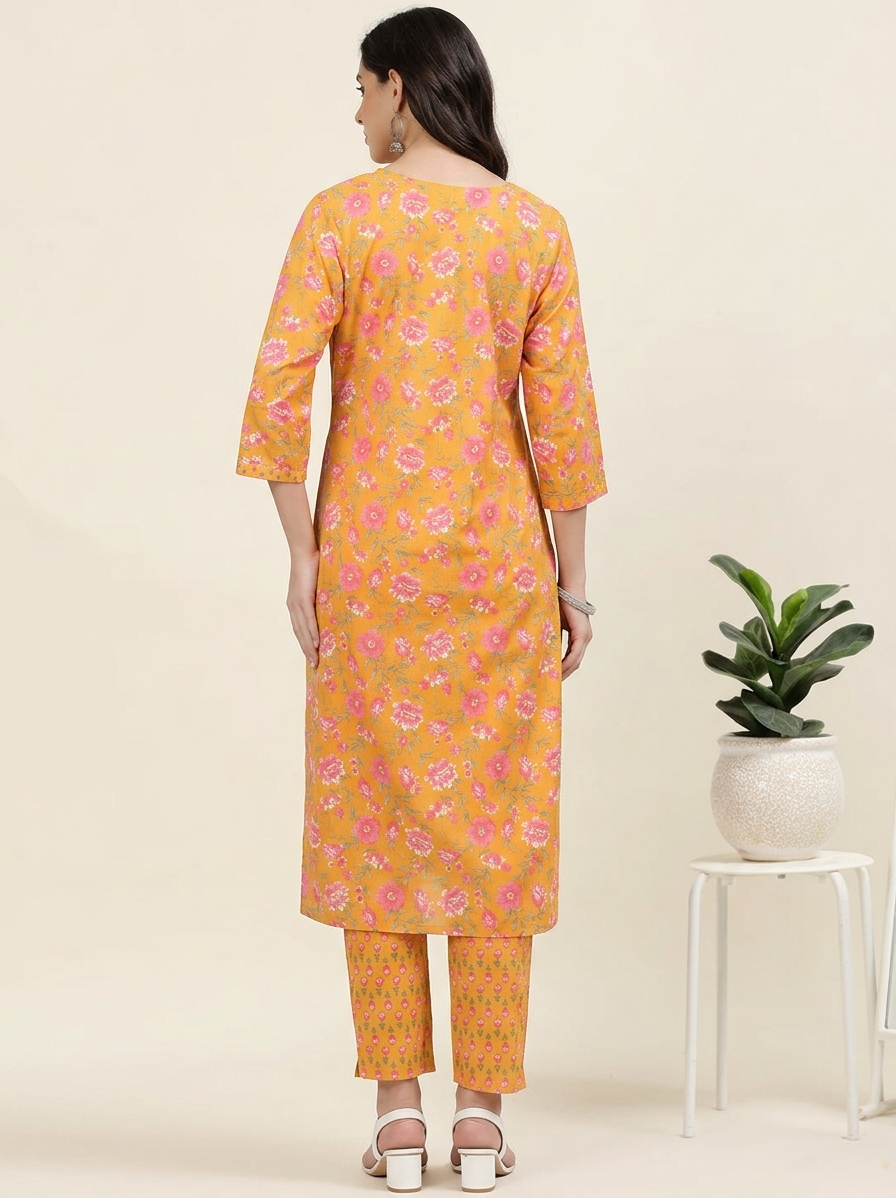Golden Glow – Mustard Printed Cotton 3-Piece Set (2DF-4-C4)