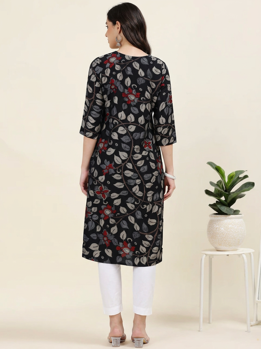 Noir Nazaara – Black Kalamkari & Chikankari Cotton Kurti (1NH-0-A13)