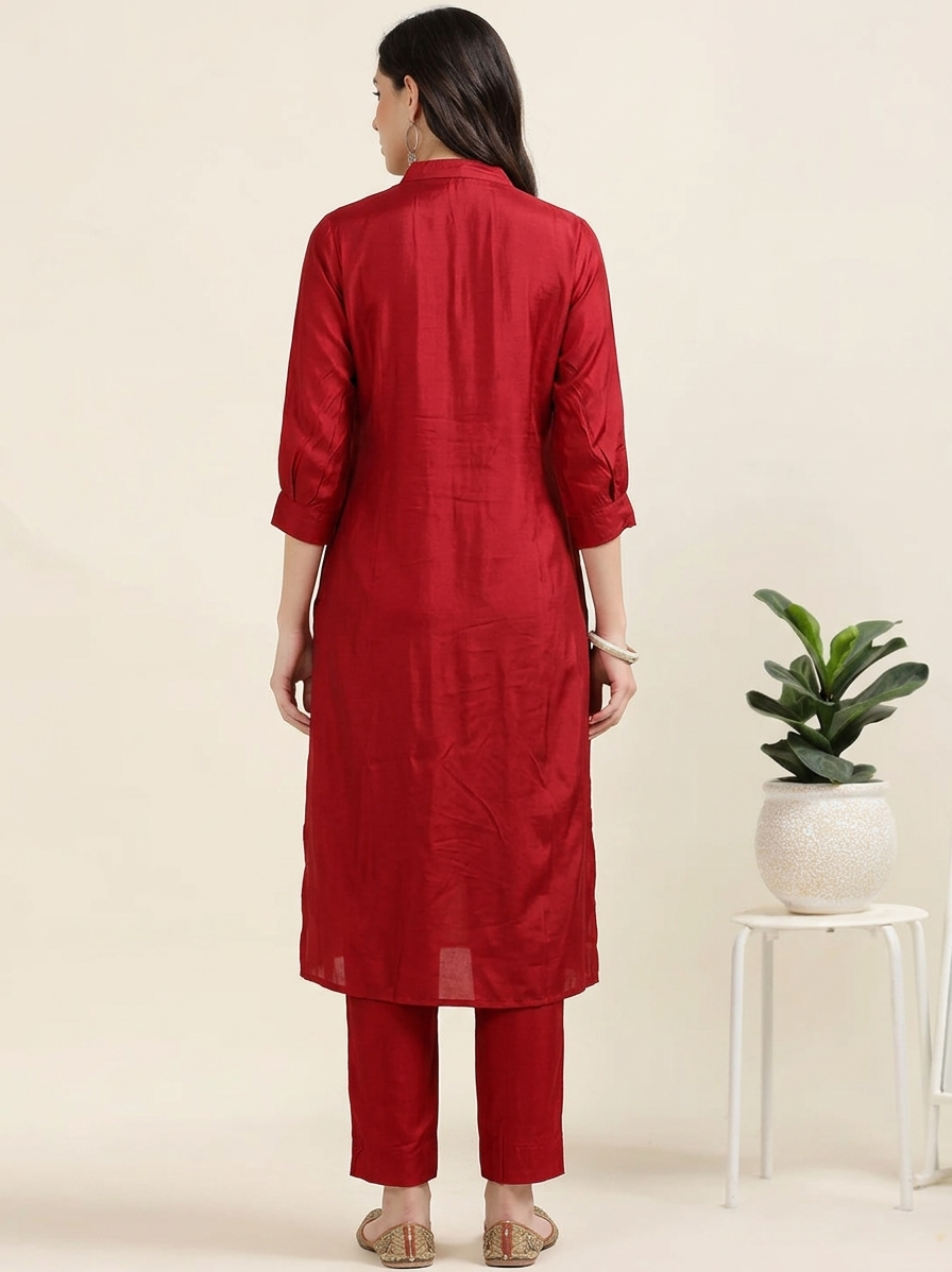 Crimson Crush – Red Satin Silk-Blend Shirt Style Co-ord Set (1KB-2-B3)