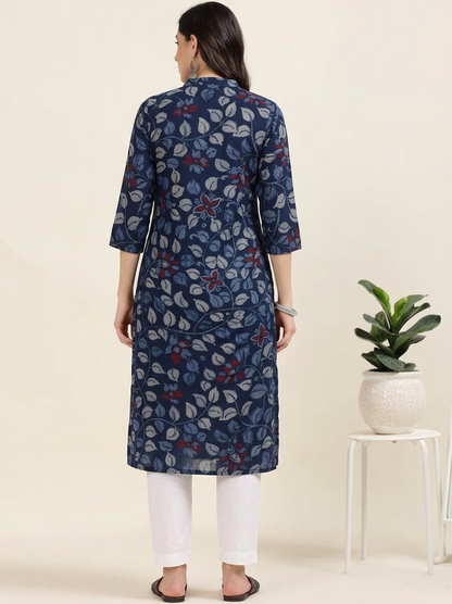 Indie Blend – Navy Blue Kalamkari & Chikankari Cotton Kurti (1NH-6-A12)
