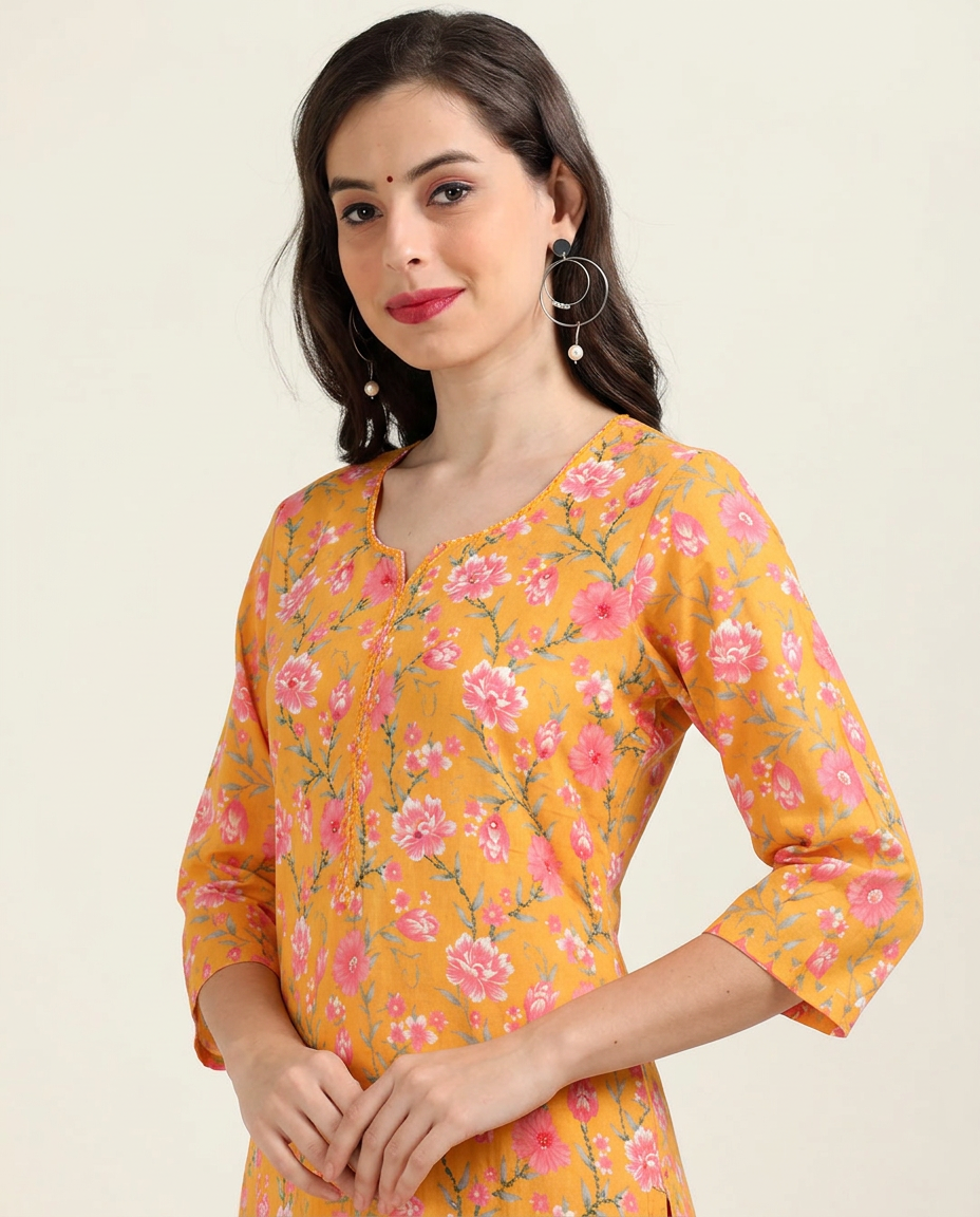 Golden Glow – Mustard Printed Cotton 3-Piece Set (2DF-4-C4)