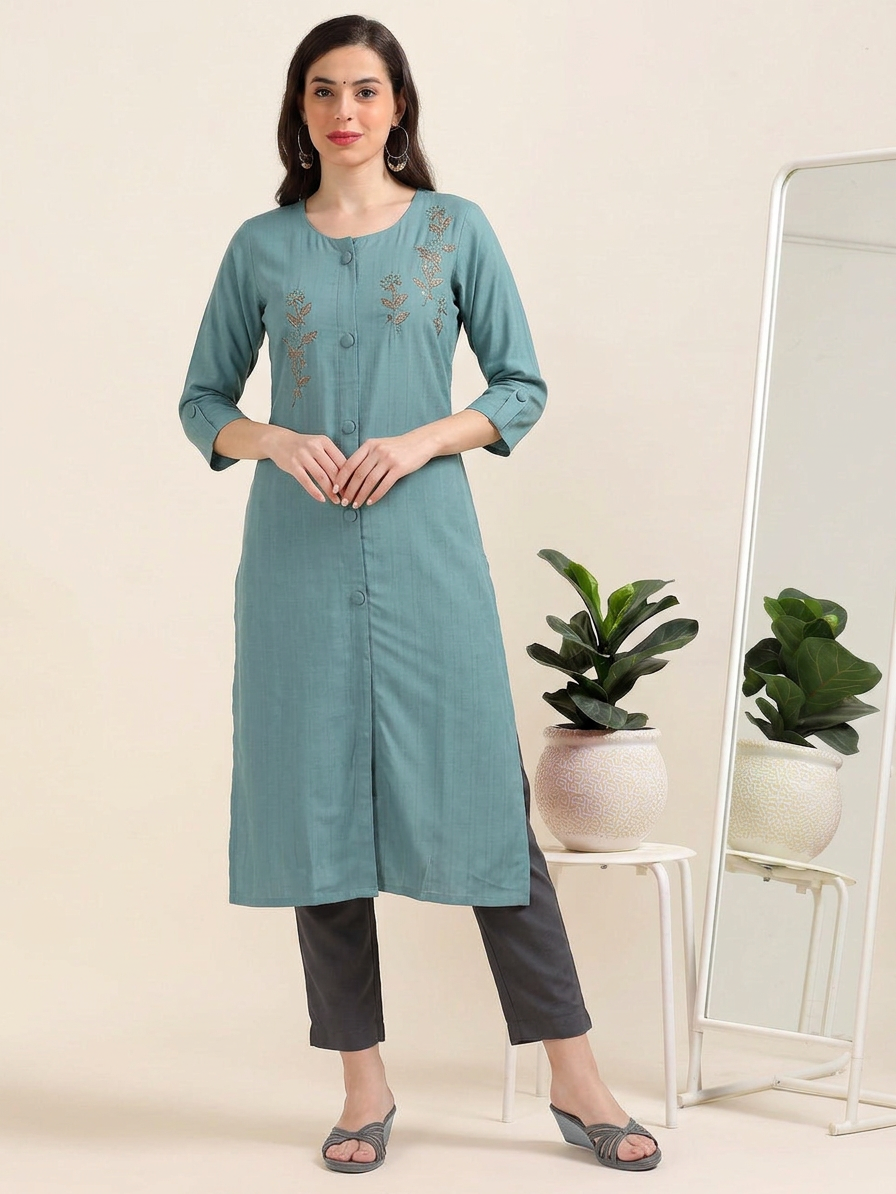 Teal Tadka – Shirt-Style Embroidered Kurti (1KB-6-A11)