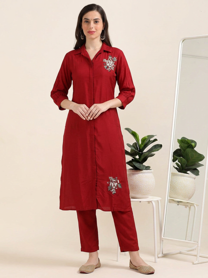 Crimson Crush – Red Satin Silk-Blend Shirt Style Co-ord Set (1KB-2-B3)