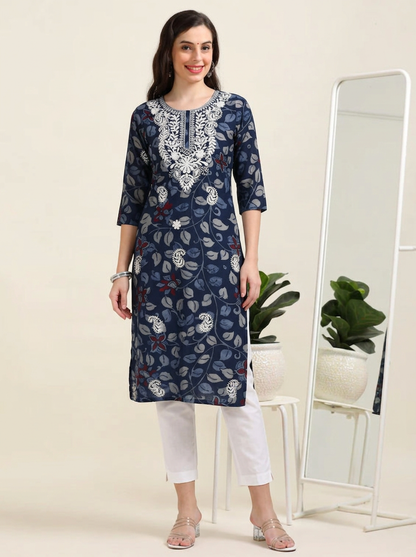 Indie Blend – Navy Blue Kalamkari & Chikankari Cotton Kurti (1NH-6-A12)