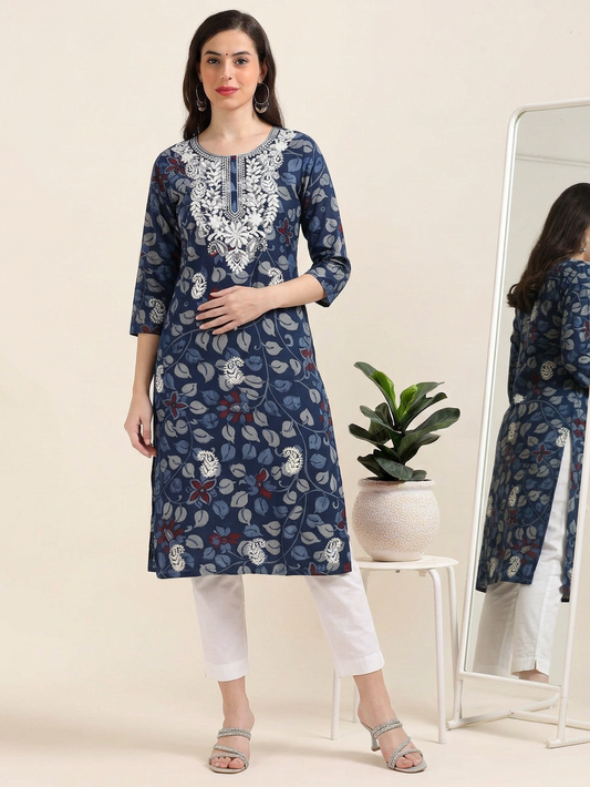 Indie Blend – Navy Blue Kalamkari & Chikankari Cotton Kurti (1NH-6-A12)