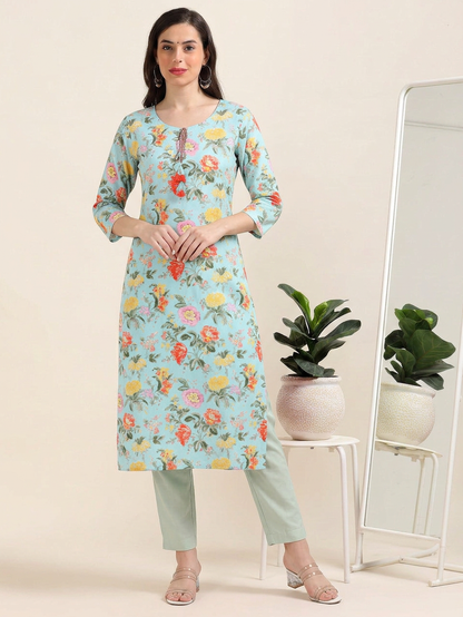 Bloom Flower – Light Blue Printed Cotton Kurti (2TP-6-A6)