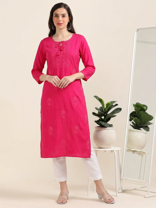 Hot Pink Stare Stopper – Chikankari Cotton Kurti (2FW-2-A1)