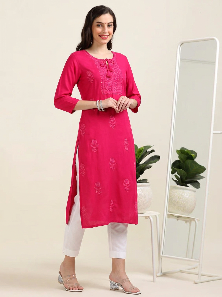 Hot Pink Stare Stopper – Chikankari Cotton Kurti (2FW-2-A1)