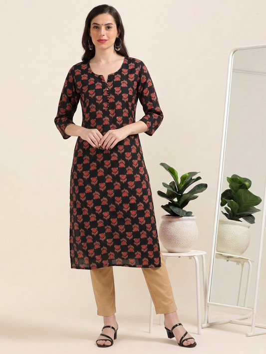 Midnight Muse – Black Printed Cotton Kurti (2TP-0-A1)