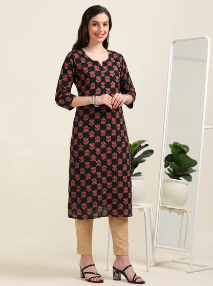 Midnight Muse – Black Printed Cotton Kurti (2TP-0-A1)