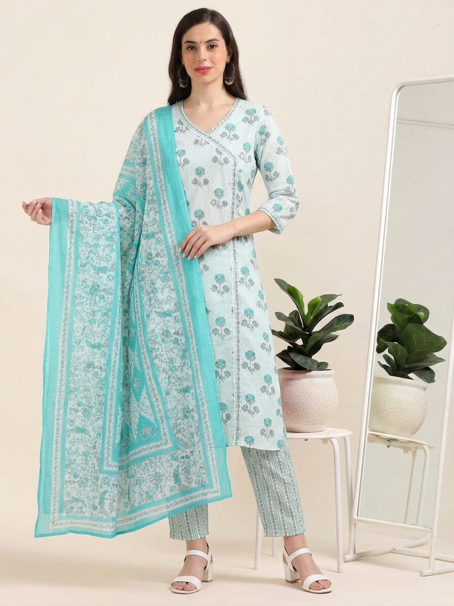 White & Blue Angrakha Cotton 3-Piece Set (2DF-6-C8)