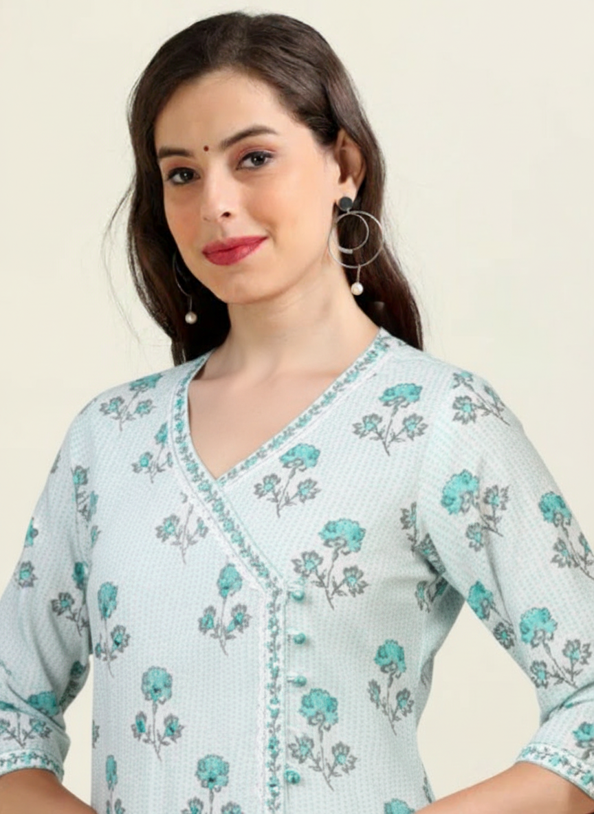 White & Blue Angrakha Cotton 3-Piece Set (2DF-6-C8)