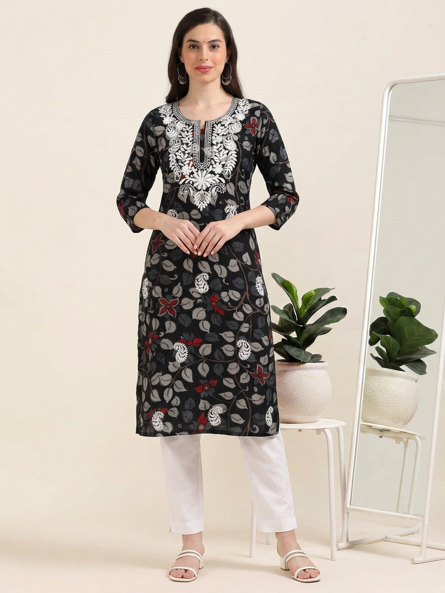 Noir Nazaara – Black Kalamkari & Chikankari Cotton Kurti (1NH-0-A13)