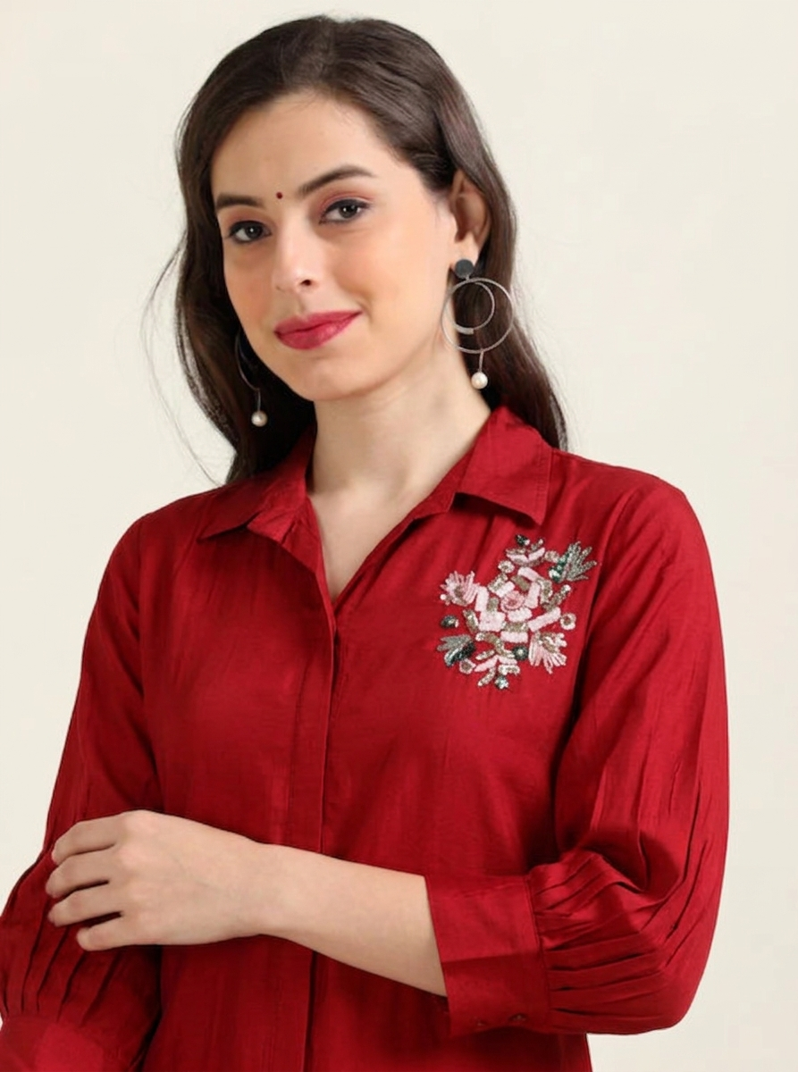 Crimson Crush – Red Satin Silk-Blend Shirt Style Co-ord Set (1KB-2-B3)