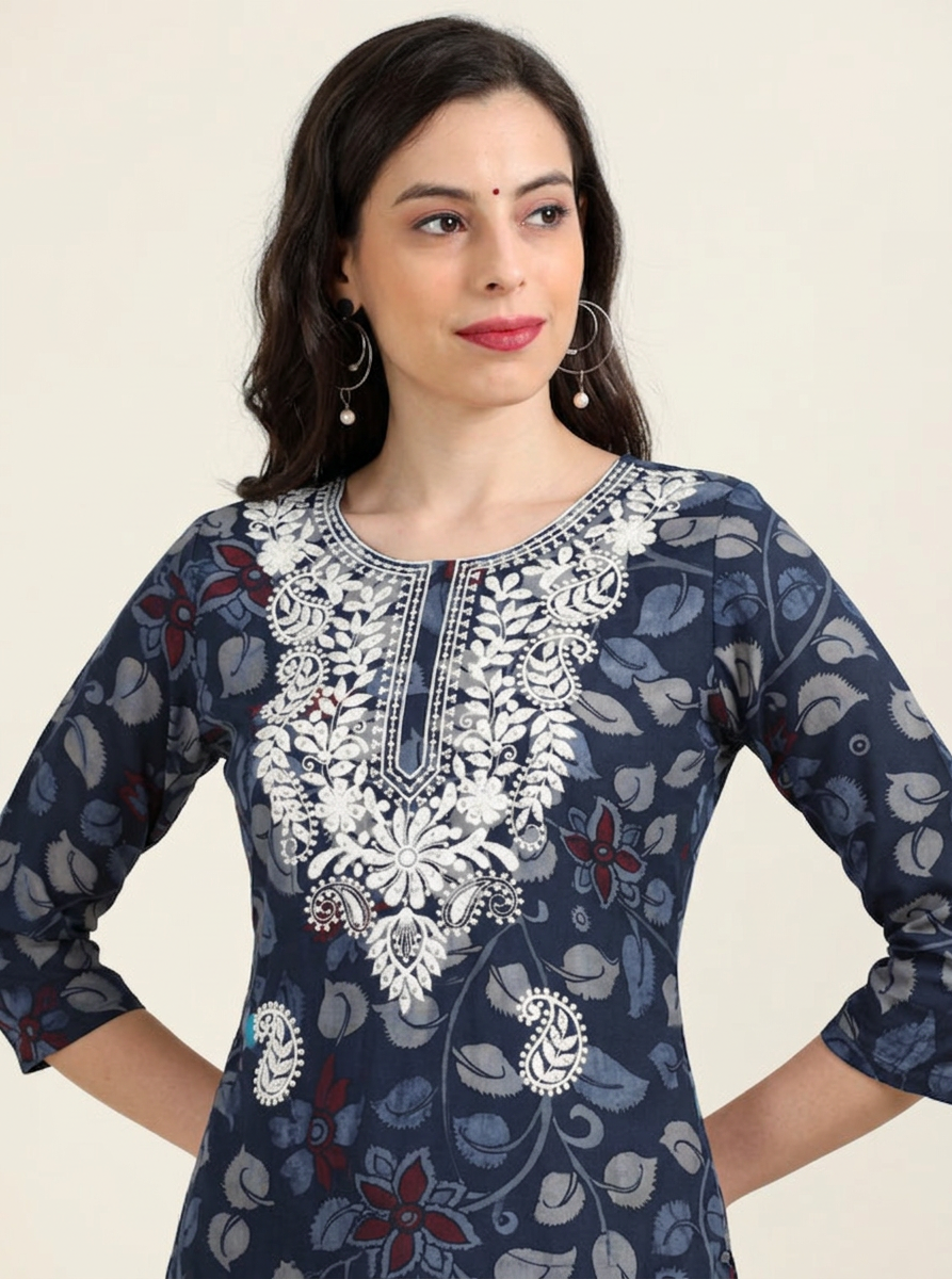 Indie Blend – Navy Blue Kalamkari & Chikankari Cotton Kurti (1NH-6-A12)