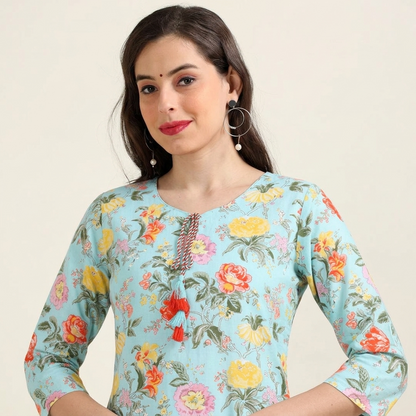 Bloom Flower – Light Blue Printed Cotton Kurti (2TP-6-A6)