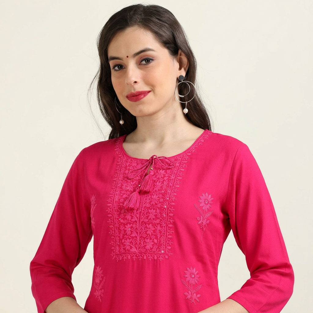 Hot Pink Stare Stopper – Chikankari Cotton Kurti (2FW-2-A1)