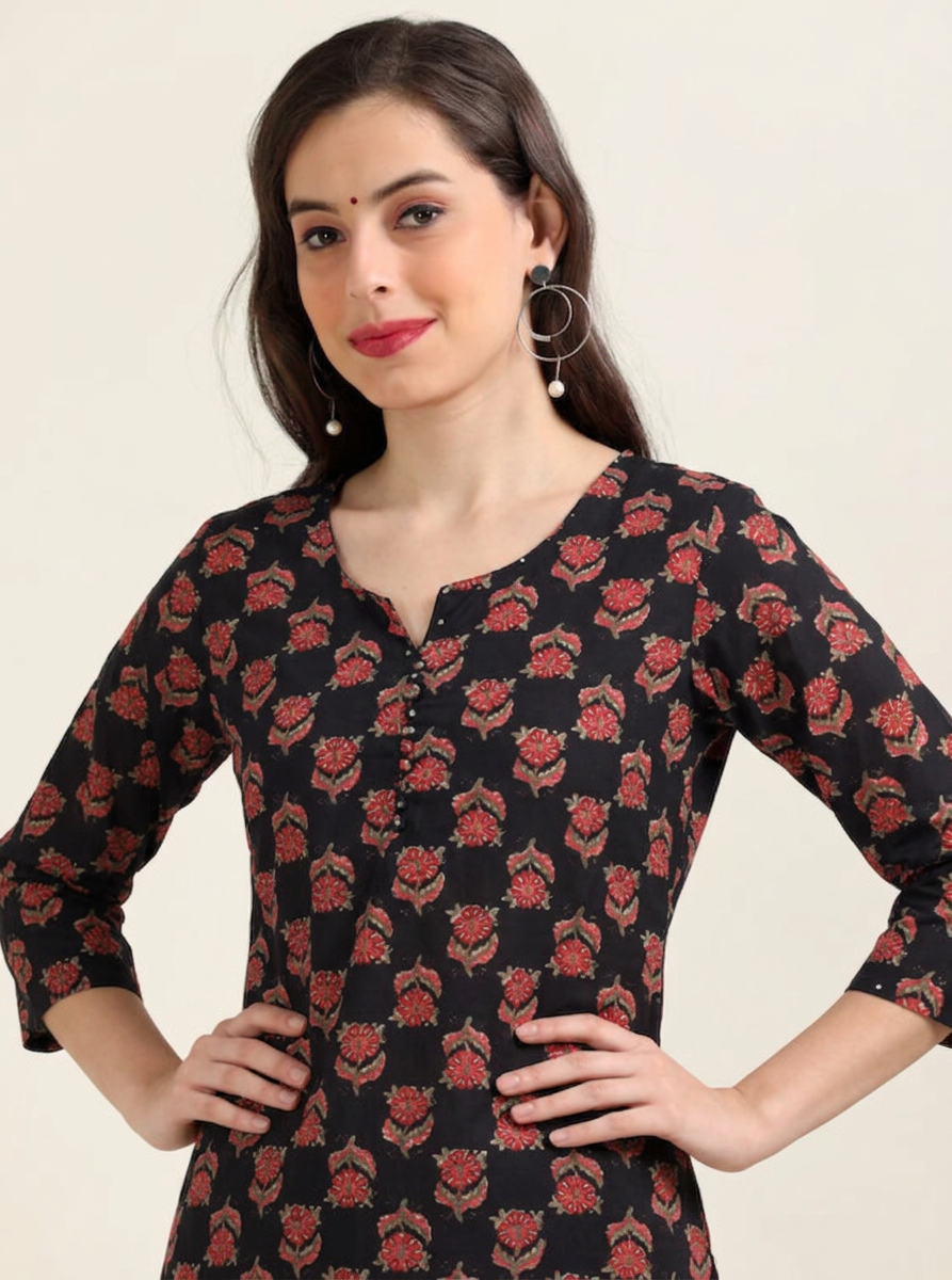 Midnight Muse – Black Printed Cotton Kurti (2TP-0-A1)