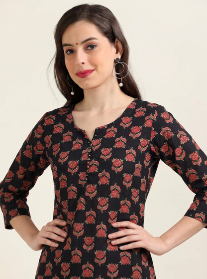 Midnight Muse – Black Printed Cotton Kurti (2TP-0-A1)