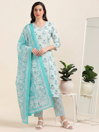 White & Blue Angrakha Cotton 3-Piece Set (2DF-6-C8)