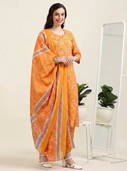 Golden Glow – Mustard Printed Cotton 3-Piece Set (2DF-4-C4)