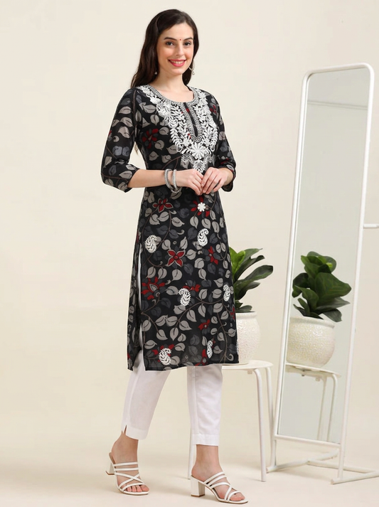 Noir Nazaara – Black Kalamkari & Chikankari Cotton Kurti (1NH-0-A13)