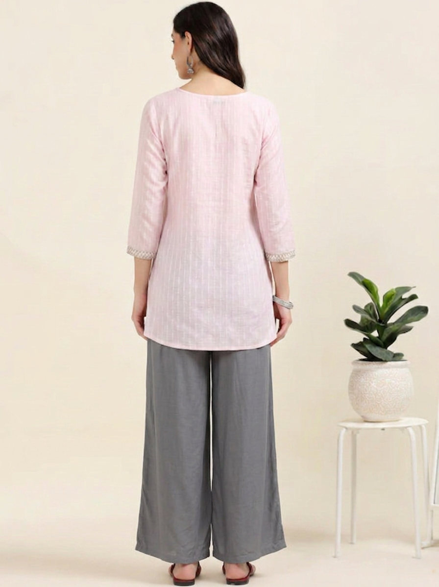 Pink Blossom Chic – Embroidered Short Cotton Kurti (2PS-7-A3)