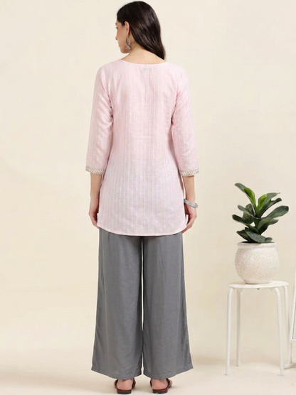 Pink Blossom Chic – Embroidered Short Cotton Kurti (2PS-7-A3)