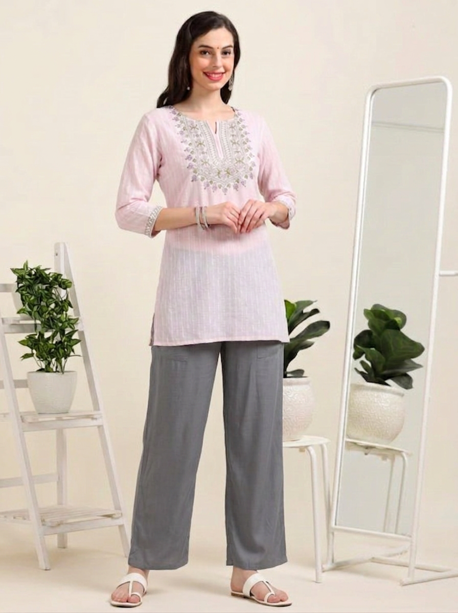 Pink Blossom Chic – Embroidered Short Cotton Kurti (2PS-7-A3)