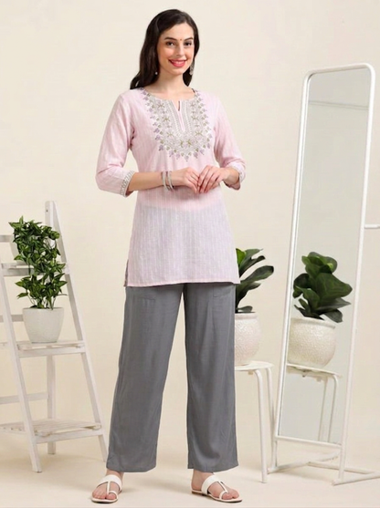 Pink Blossom Chic – Embroidered Short Cotton Kurti (2PS-7-A3)